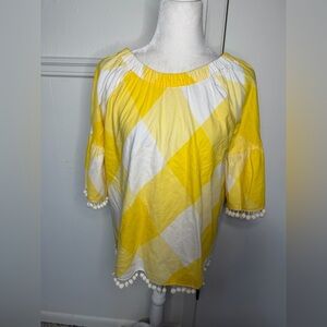 Sharon Young Yellow and White Blouse or off shoulder with Pom-Pom Trim size S